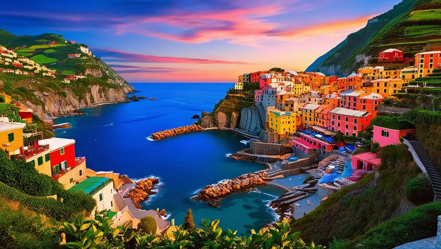 Coloured houses of Manarola on the cliffs above the sea in the Cinque Terre