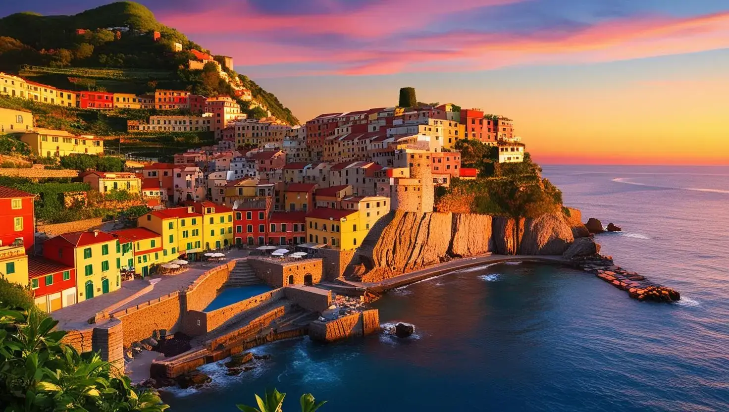 Coloured houses of Manarola on the cliffs above the sea in the Cinque Terre (detail)