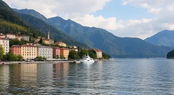 Bellagio village waterfront view from Lake Como with coloured buildings and mountains