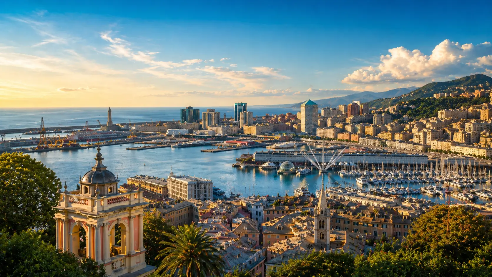Genoa old port panorama at sunset
