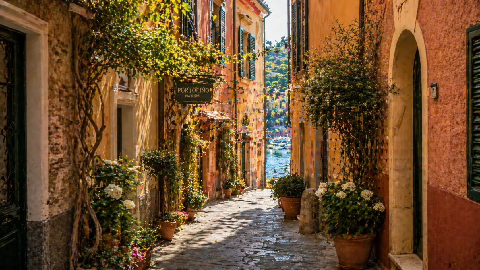 Portofino narrow alley with flowers