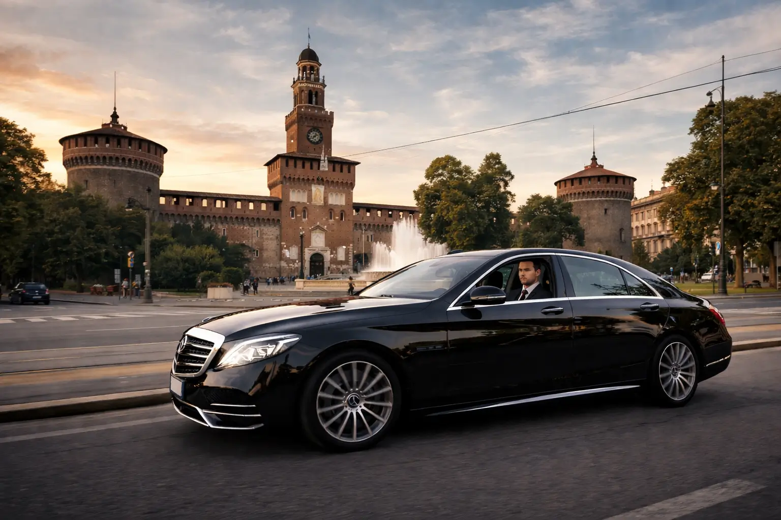 Private driver Milan - Mercedes S-Class at Castello Sforzesco